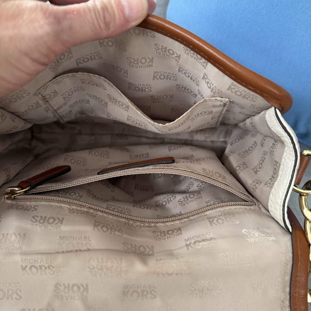 Michael Kors Margo Tan with White Pebbled Leather & Chain Crossbody Bag Purse - Picture 10 of 16
